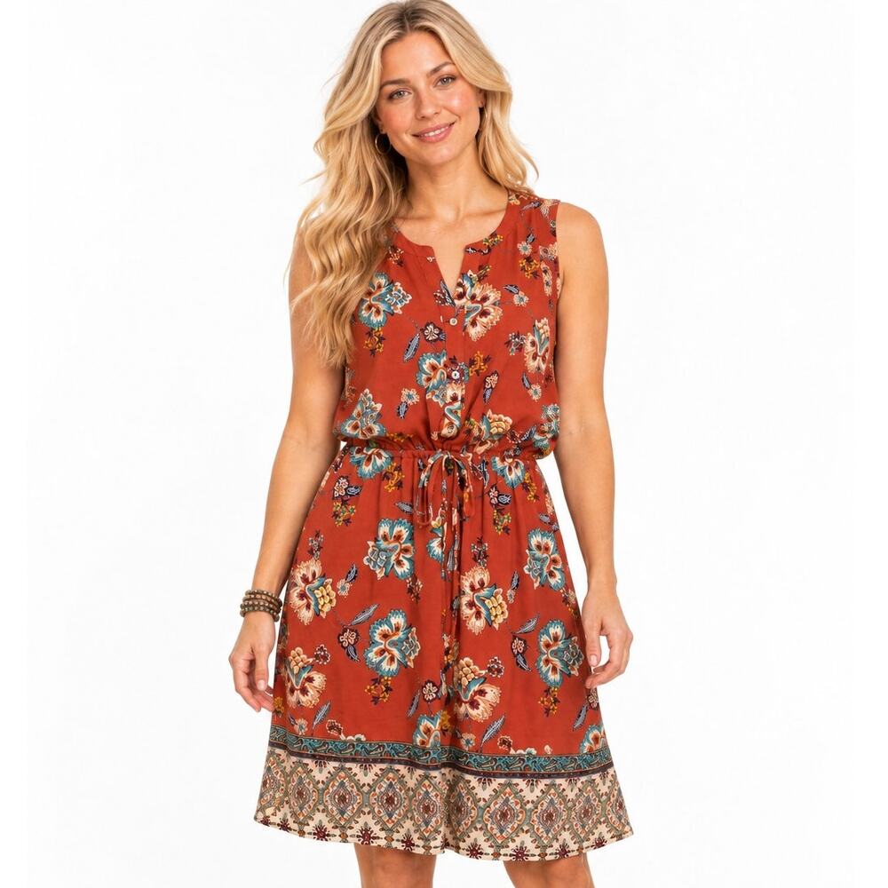DR2 Floral Border Dress Womens Large Rust Drawstring Waist Sleeveless Boho
